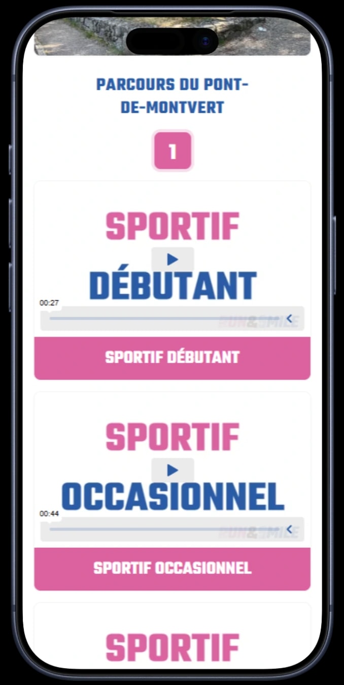 Illustration : sélection du niveau (débutant, confirmé, enfant, senior) sur smartphone.